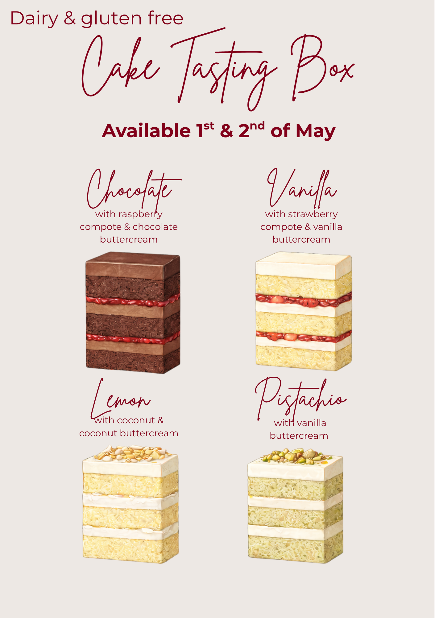 Gluten + Dairy Free Cake Tasting Box (1st & 2nd of May)